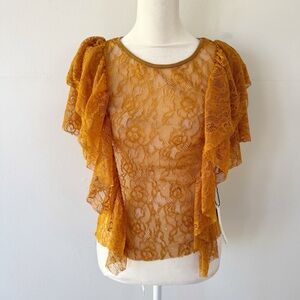 NWT Haute Monde Women Sheer Lace Ruffle Top Small Boho Western Fairy Woodland
